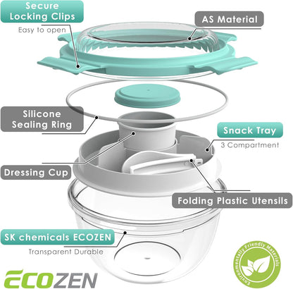 WHALEHOUSE Clear Eco-friendly SK chemicals ECOZEN Salad Container, 33OZ Portable Plastic Salad Bowls with Lid & Snack Tray, Leak-Proof Dressing Container, Reusable Fork, Lunch Box for Meal Prep (Pink)