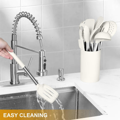 LIANYU 15 Pcs Kitchen Cooking Utensils Set with Holder, Silicone Kitchen Tools with Stainless Steel Handle, Heat Resistant Gadgets, Brush Spatula Spoon Whisk for Cookware, Dishwasher Safe, Khaki