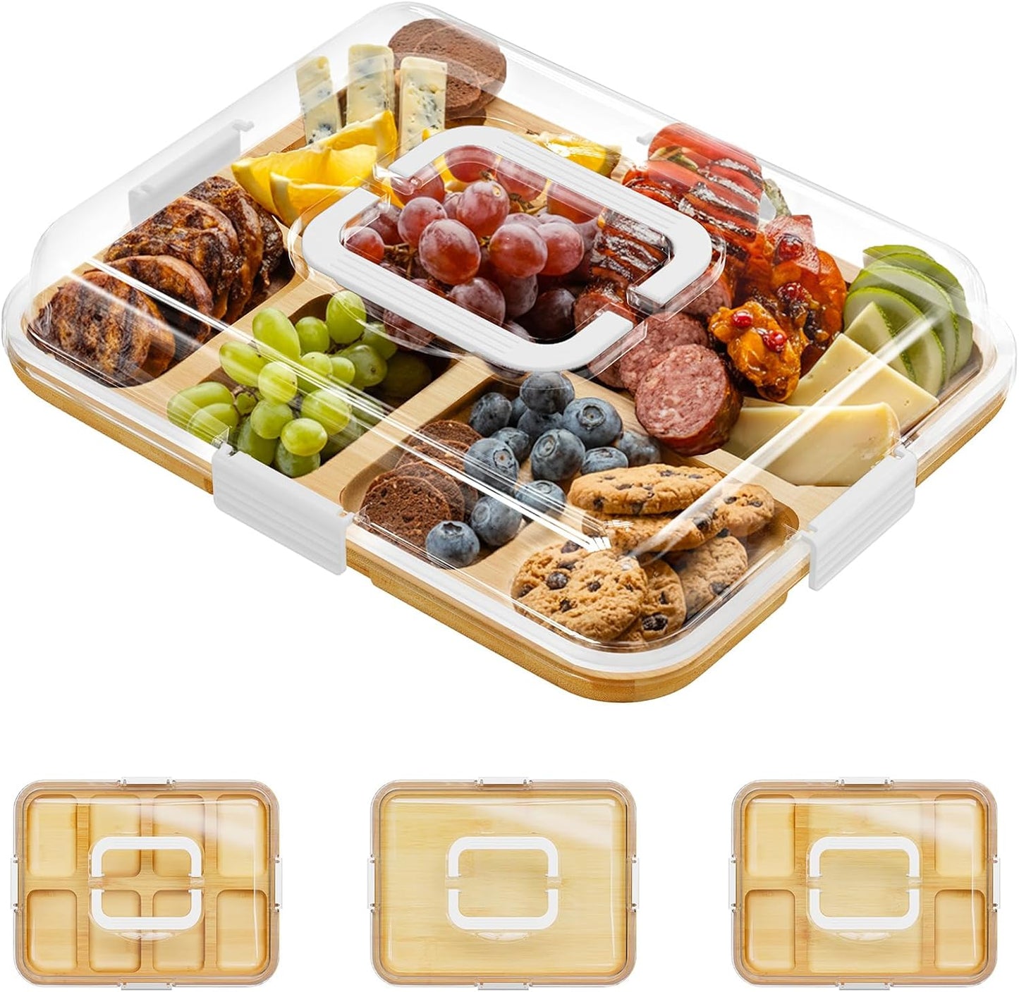 SpaceAid Charcuterie Board with Clear Lid, Portable Travel Cheese Cutting Boards for Picnic Accessories, Bamboo Serving Tray with Lids, House Warming Gifts, Black Handles, 8 Compartments