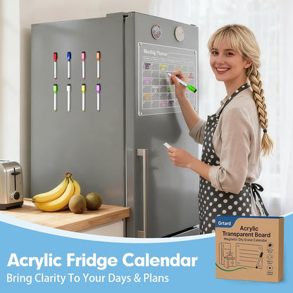 Grtard 3 Pack Acrylic Calendar for Fridge, Magnetic Calendar for Refrigerator, 16"x12" Dry Erase Whiteboard Fridge Calendar,2026 Clear Monthly Weekly Daily Memo Planning Board with 8 Markers