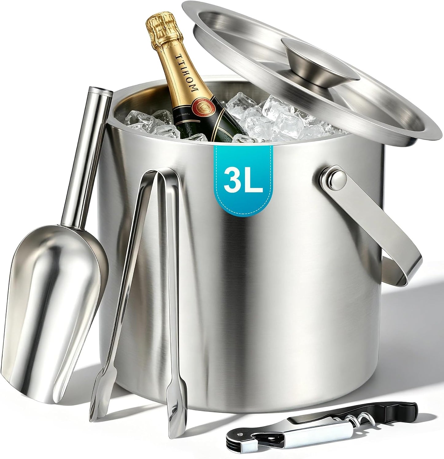 Kochorie 4L Portable Ice Buckets for Parties Double Wall Stainless Steel Ice Bucket with Lid, Scoop, Tongs, Bottle Opener Drink Vacuum Insulated Container for Freezer Cocktail Home Bar Accessories