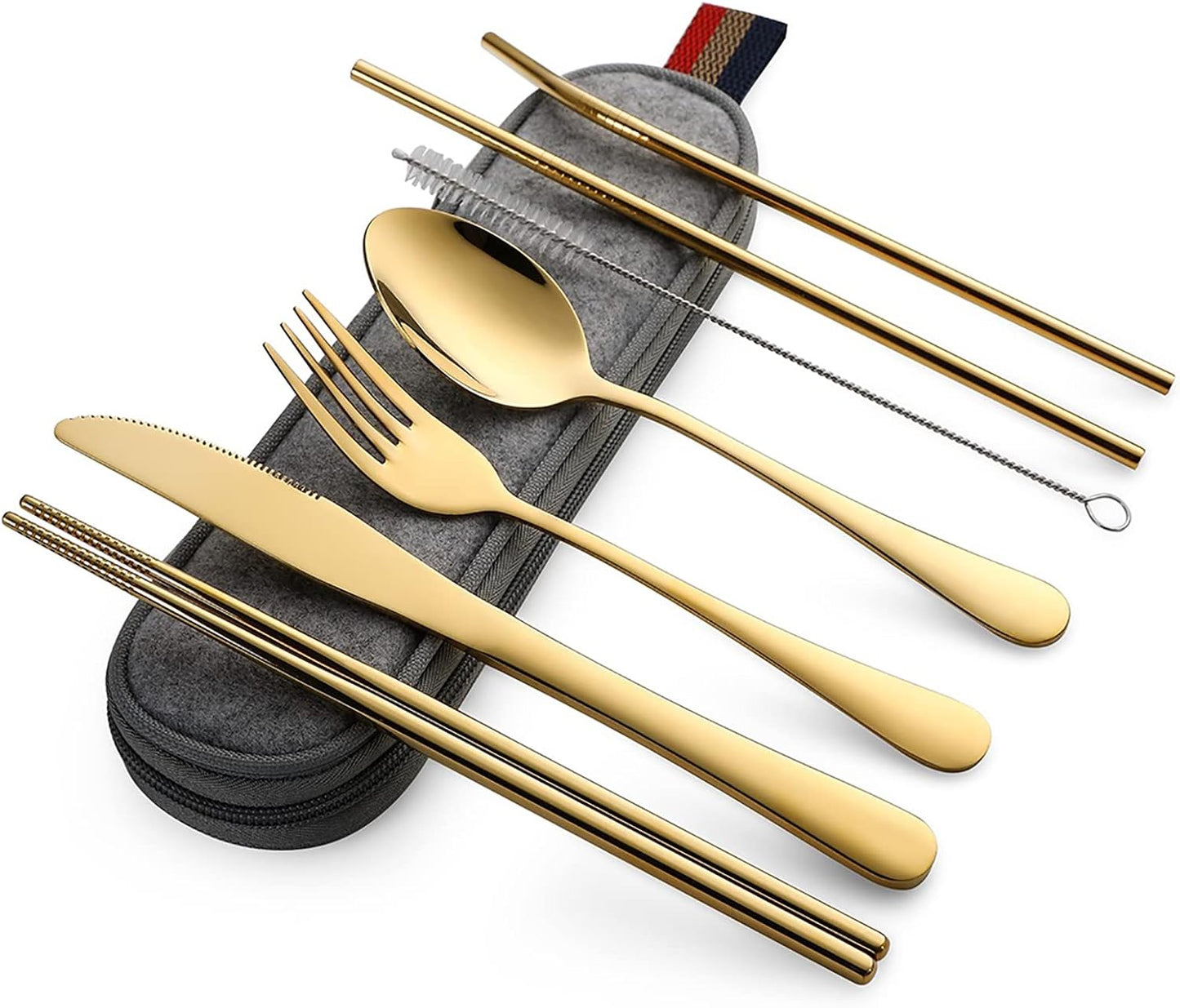 DEVICO Camping Utensils, 8-Piece Full-Size Reusable Silverware for Lunch Adult, Stainless Steel Portable Fork Spoon Knife Set for Work, Travel Cutlery Set with Case and Chopsticks Straws (Rainbow)