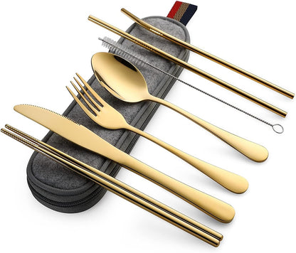 DEVICO Camping Utensils, 8-Piece Full-Size Reusable Silverware for Lunch Adult, Stainless Steel Portable Fork Spoon Knife Set for Work, Travel Cutlery Set with Case and Chopsticks Straws (Rainbow)