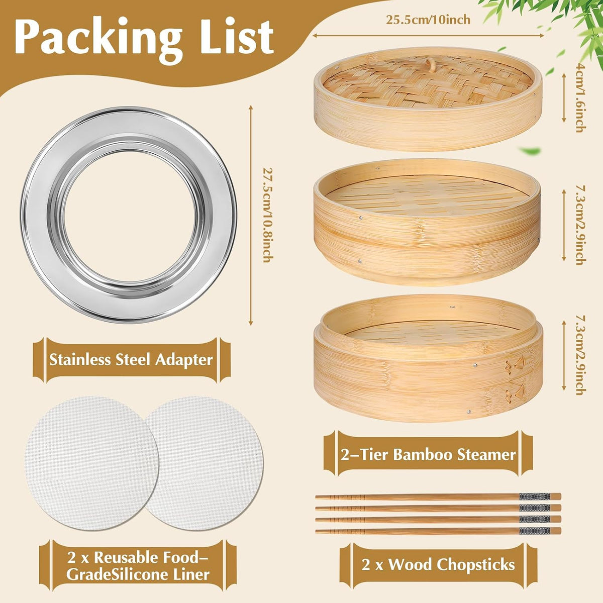 Bamboo Steamer 2 Tier 10-Inch Steaming Basket, Bun Vegetable Steam, Dumpling Steamer Bamboo Steam Basket, Chopsticks, Reusable Silicone Liner, Ring Adapter, for Chinese Asian Cuisine