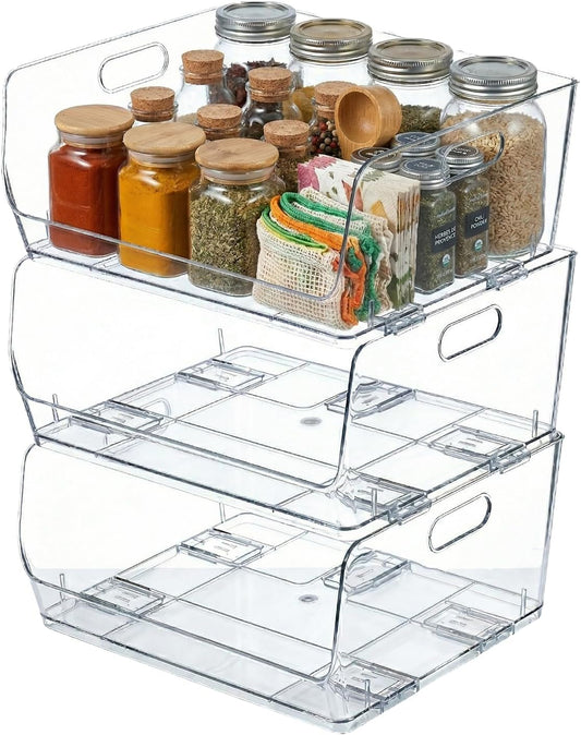 Basicwise Set of 3 Open-Front 16" Clear Storage Bins with Easy-Grip Handles Stackable Transparent Plastic Organizer Container for Pantry Cabinet Refrigerator Drawers Closets & Shelf Organization, XL