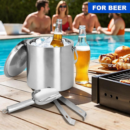 Ice Bucket, 4L Double Wall Insulated Ice Bucket with Lid,Scoop,Tongs- Inner Layer 304 Stainless Steel Ice Container Keep Ice Frozen Longer- Ideal for Cocktail Bar,Parties (4L)