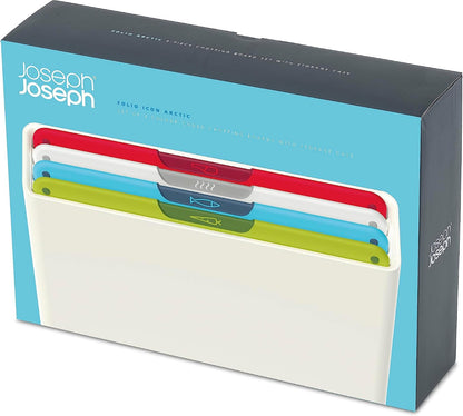Joseph Joseph Folio Icon 4-Piece Multi Colour coded Cutting Board Set, Stainless Steel Slimline case for organized Kitchen storage, Silver