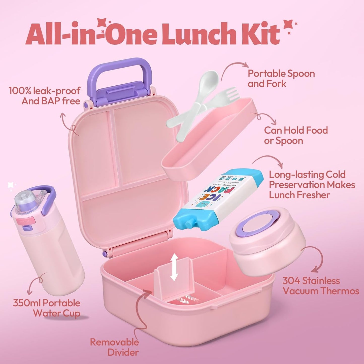 Itslife Bento Box for Kids Set, Insulated Food Container,Kids Lunch Box, 7 oz Thermos for Hot Food, 12 oz Thermos Water Bottle, Reusable Insulated Ice Bag & Fork Spoon Utensils Camping Travel Pink