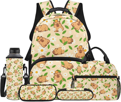 Cute Capybara Pizza Backpack for Girls, 5 Pcs Boys School Bag Set for Kids, 17 Inch Backpacks Lunch Pencil Box Reusable Utensils Case Set for Middle Elementary School, 3rd Grade Backpack