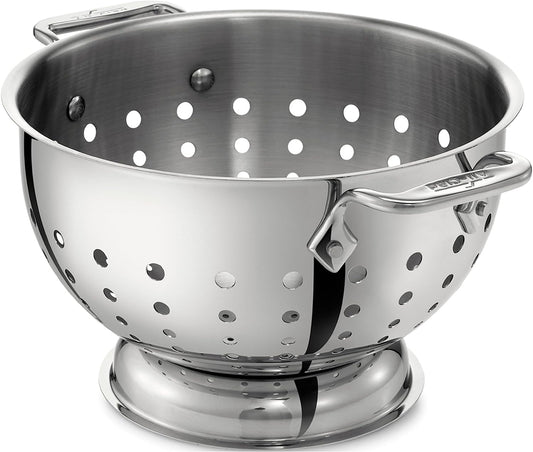 All-Clad Tools and Accessories Stainless Steel Colander 5 Quart Strainer, Pasta Strainer with Handle, Pots and Pans Silver