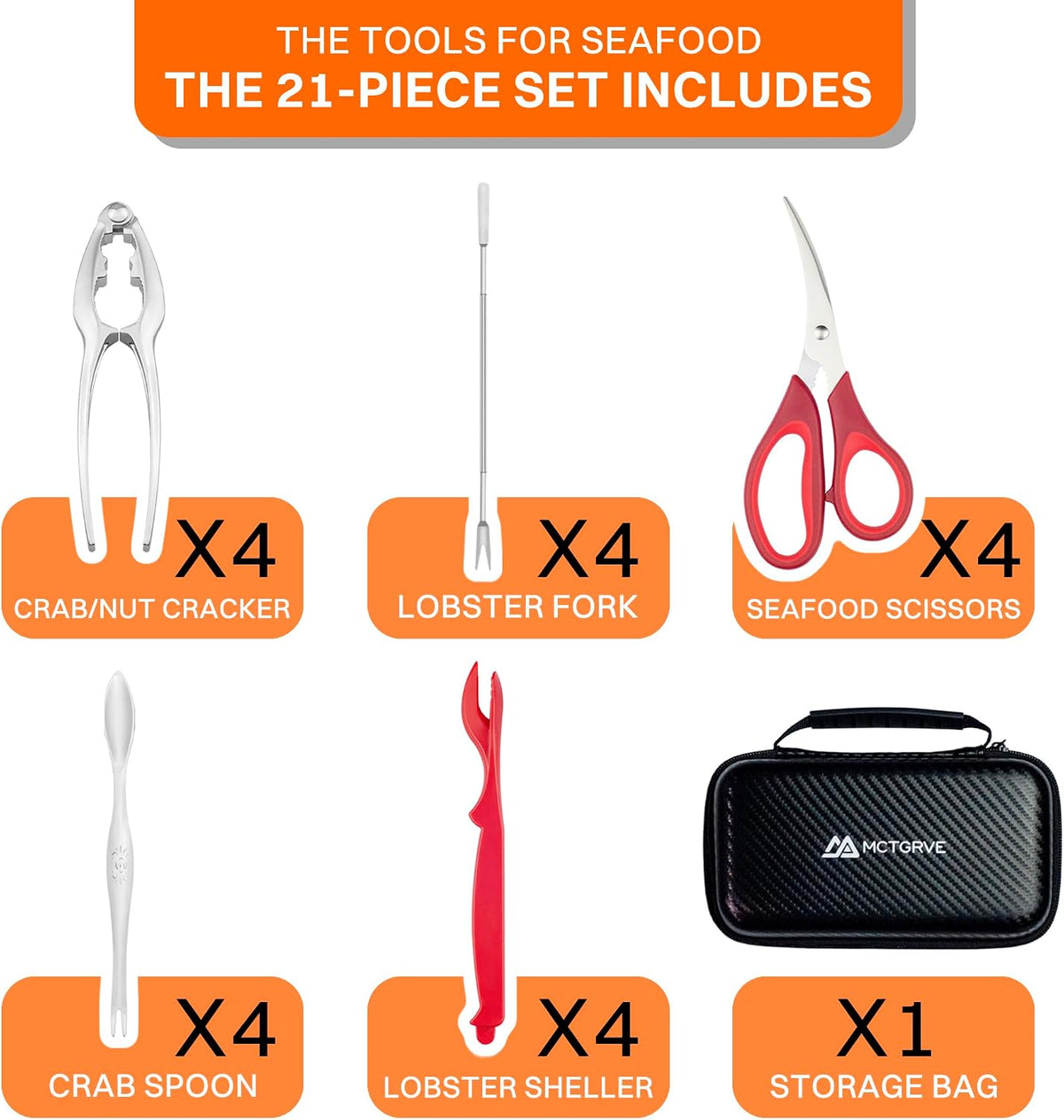 Crab Crackers and Tools，21-piece Seafood Tools Set includes 4 Crab Crackers, 4 Lobster Shellers, 4 Lobster Forks/Picks, 4 Crab Forks/Spoons and 4 Seafood Scissors in 1 Storage Bag - Nut Cracker Set