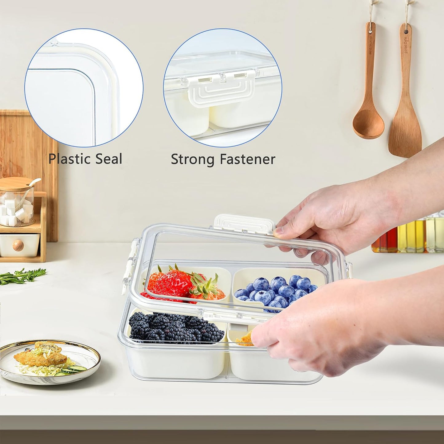 Snackle Box Charcuterie Container Divided Serving Tray with Lid and Handle Portable Snack Platters for Fruit Nuts Candy Entertaining Party Picnic(4 Compartments)
