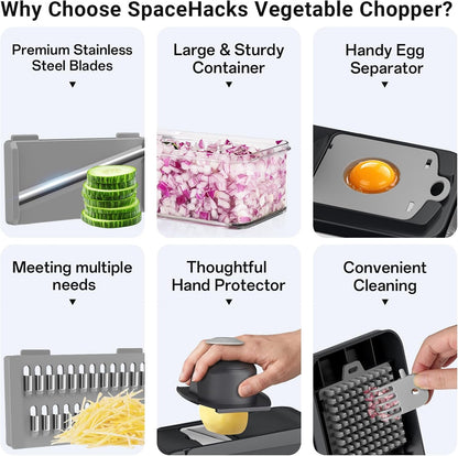 SpaceHacks 12-in-1 Vegetable Chopper, Kitchen Gadgets with 7 Blades, Veggie, Food, Onion Chopper, Cucumber Slicer, Versatile Mandoline, Includes Egg Separator & Finger Guard, Gray