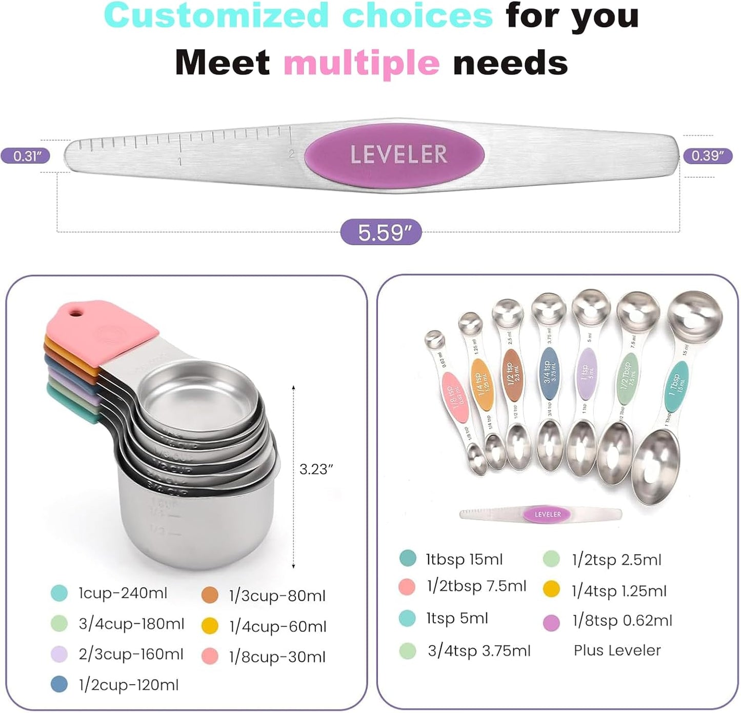 Magnetic Measuring Cups and Spoons Set, N52 Magnetic spoons Nesting Design, 304 Stainless Steel measuring cups, BPA Free, Dual-sided Design Set of 15 with Leveler for Dry & Liquid Ingredients Black