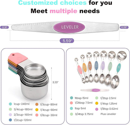 Magnetic Measuring Cups and Spoons Set, N52 Magnetic spoons Nesting Design, 304 Stainless Steel measuring cups, BPA Free, Dual-sided Design Set of 15 with Leveler for Dry & Liquid Ingredients Black