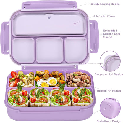 Bento Box Adult Lunch Box, Lunch Containers for Kids Girls Boys with 4 Compartments, Lunchable Food Container with Utensils, Sauce Jar, Muffin Liners, 40 Oz/5 Cup, Microwave Safe, Lavender