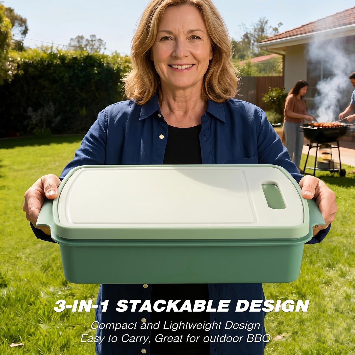 Sunmei Grill Prep and Serving Trays, 3-in-1 Stackable BBQ Food Tray, 5PCS BBQ Serving Set with Marinating Container, Serving Platter, Cutting Board and 2PCS Colored 12-Inch Grill Tongs (Green)
