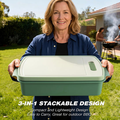 Sunmei Grill Prep and Serving Trays, 3-in-1 Stackable BBQ Food Tray, 5PCS BBQ Serving Set with Marinating Container, Serving Platter, Cutting Board and 2PCS Colored 12-Inch Grill Tongs (Green)
