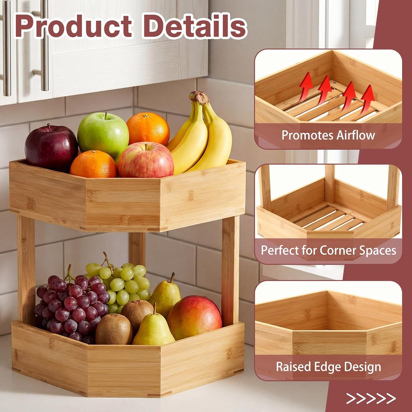 Yerliker 2 Tier Bamboo Corner Shelf Kitchen Fruit Cabinet Organizer Bamboo Corner Fruit Basket for Kitchen Countertop Rack Counter Pantry Storage for Vegetables Spice Plate (11 x 11 x 7.5 Inch)