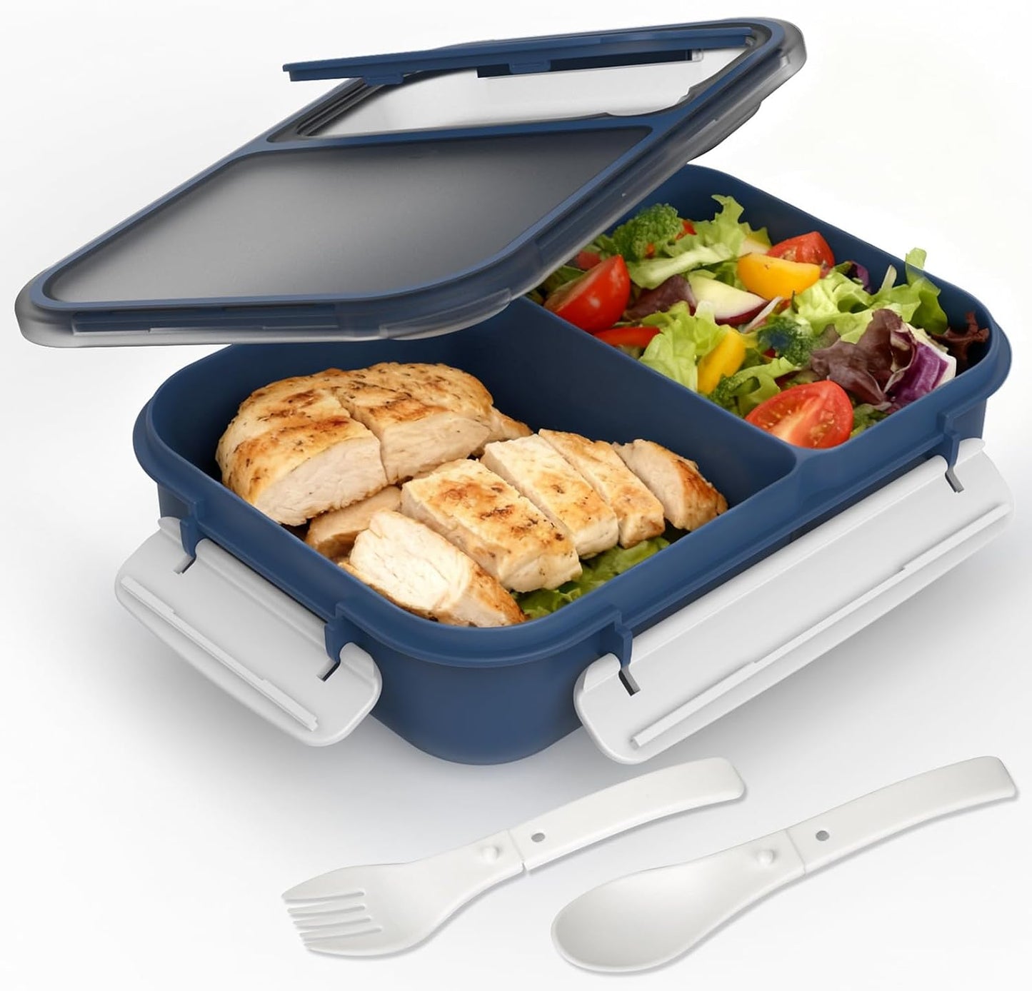 WHALEHOUSE Bento Lunch Box, 1300ML 4 Compartments Meal Prep Container with Utensil, Airtight Food Storage Container with Snap Locking Lids, Microwave/Dishwasher/Freezer Safe, On the Go