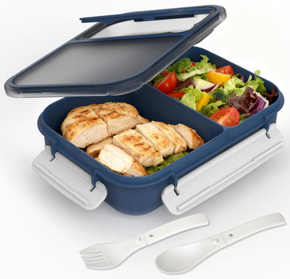 WHALEHOUSE Bento Lunch Box, 1300ML 4 Compartments Meal Prep Container with Utensil, Airtight Food Storage Container with Snap Locking Lids, Microwave/Dishwasher/Freezer Safe, On the Go