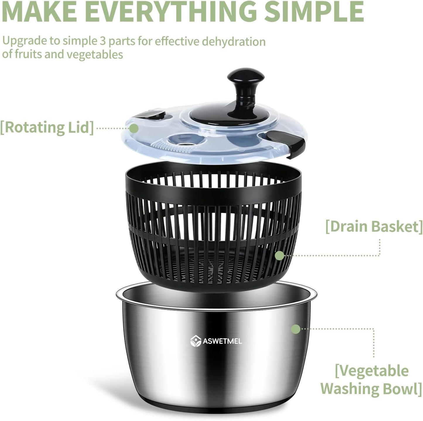 5.3QT Large Stainless Steel Salad Spinner, ASWETMEL Metal Salad Spinner with Locking Lid & Non-Slip Base, Lettuce Spinner for Washing and Drying Fruits Vegetables, Salad Dryer Spinner for Kitchen