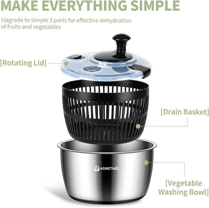 5.3QT Large Stainless Steel Salad Spinner, ASWETMEL Metal Salad Spinner with Locking Lid & Non-Slip Base, Lettuce Spinner for Washing and Drying Fruits Vegetables, Salad Dryer Spinner for Kitchen