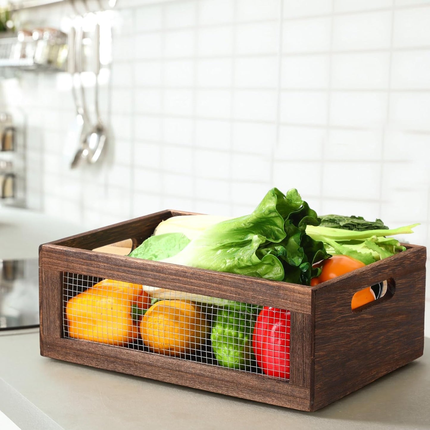 FillTouch 4 Pcs Wooden Nesting Countertop Baskets 4 Size Wooden Storage Box with Handle and Metal Wire Multipurpose Wood Organizer Crate for Fruit Vegetable Kitchen Cabinet Bathroom(Dark Brown,Small)