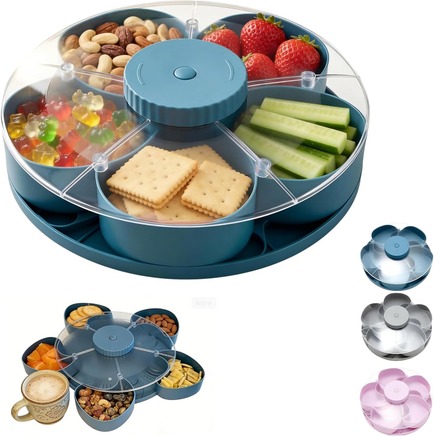 Divided Serving Tray that Spins with Lid, 5-Compartment Rotating Snack Container & Snackle Box, Lazy Susan Veggie Fruit Tray Organizer for Party Appetizers, Travel, Picnic (1PCS Gray)