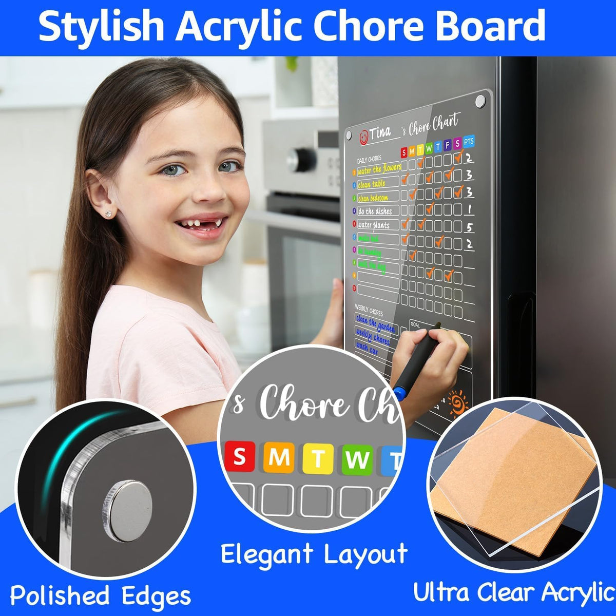 PigPotParty 2-in-1 Acrylic Magnetic Chore Chart for 2 Kids, Couples, Roommates, 15"x11" Large Dry Erase Chore Board for Fridge, Clear Weekly & Daily Reward Chart, Includes 12 Markers & Towel
