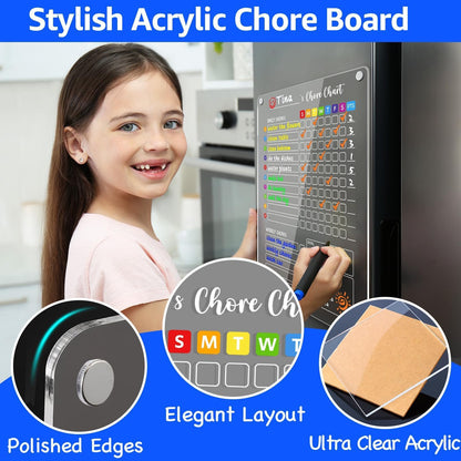 PigPotParty 2-in-1 Acrylic Magnetic Chore Chart for 2 Kids, Couples, Roommates, 15"x11" Large Dry Erase Chore Board for Fridge, Clear Weekly & Daily Reward Chart, Includes 12 Markers & Towel