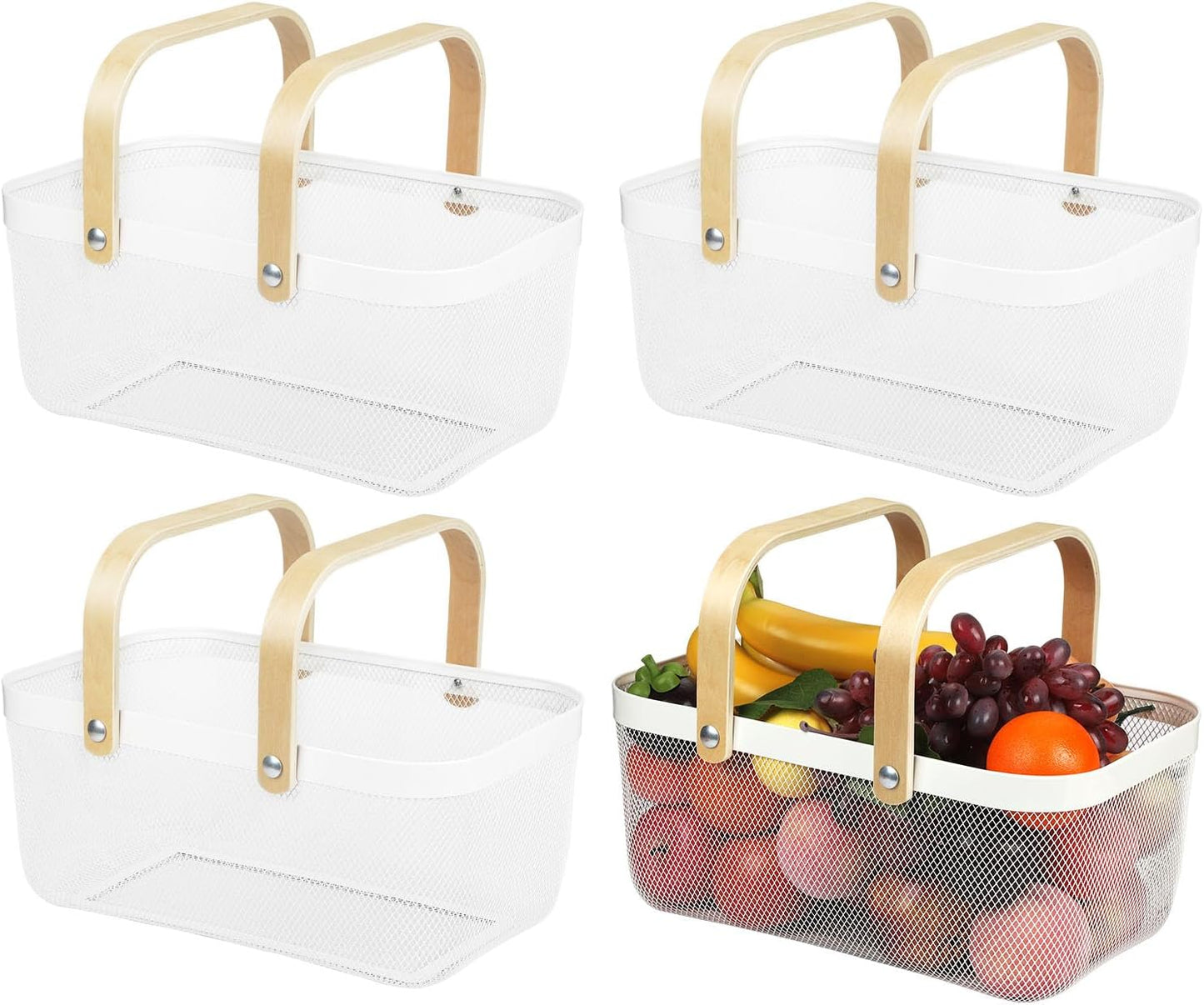 IBWell Square Metal Wire Woven Fruit Storage Bowl Basket with Wooden Handle, Large Black Mesh Fruit Stand, Multi-function Hanging Kitchen Baskets (White, Normal)