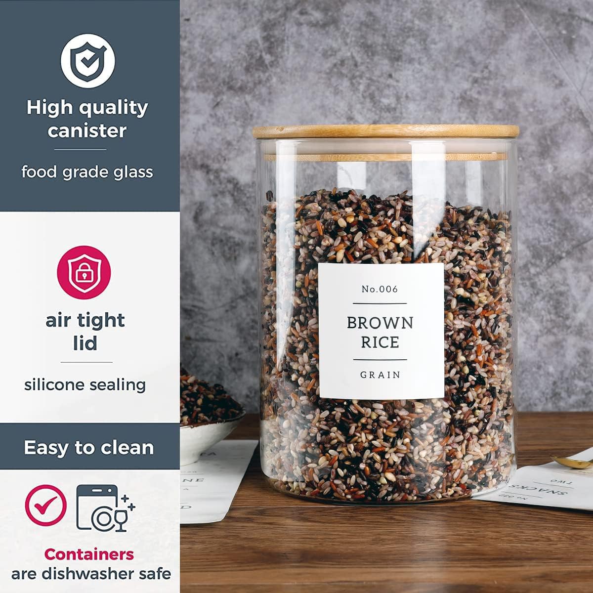 Large glass flour and sugar containers with 132 Kitchen Pantry Labels - 110 oz Glass Food Storage Containers with Airtight Lids - Square Glass Jars with Bamboo Lids for Rice, Pasta, Cookies, grain