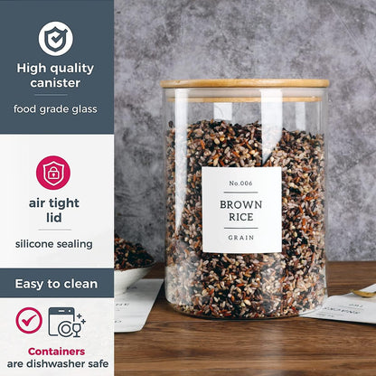 Large glass flour and sugar containers with 132 Kitchen Pantry Labels - 110 oz Glass Food Storage Containers with Airtight Lids - Square Glass Jars with Bamboo Lids for Rice, Pasta, Cookies, grain
