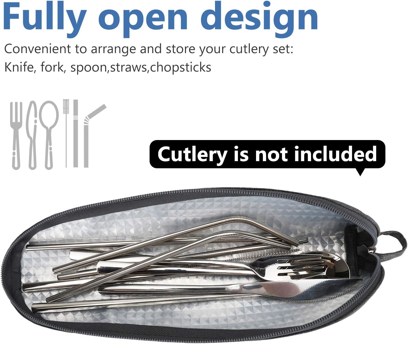 Aosbos Travel Utensil Sets Carrying Case Portable Cutlery Set Pouch Reusable Silverware Set Bag Stainless Steel Straws Pouch Chopsticks Knife Fork and Spoon Holder for Work Bento Box Lunch Bag, Grey
