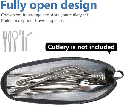 Aosbos Travel Utensil Sets Carrying Case Portable Cutlery Set Pouch Reusable Silverware Set Bag Stainless Steel Straws Pouch Chopsticks Knife Fork and Spoon Holder for Work Bento Box Lunch Bag, Grey