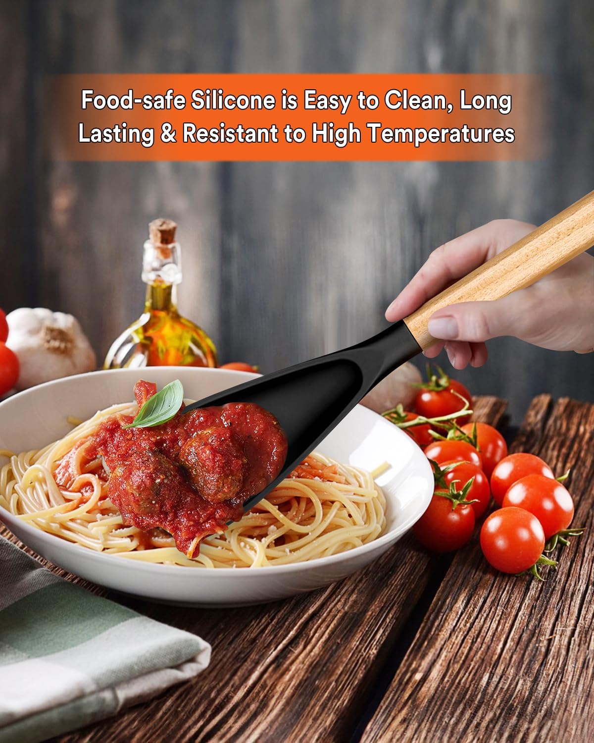 Cooking Spoon for Nonstick Cookwares, Great for Cooking and Serving Sturdy BPA-Free Matte Silicone, Wood Handle Spoon for Mixing, Scoop, and Scrape (Black & Grey, 11.4 inch)