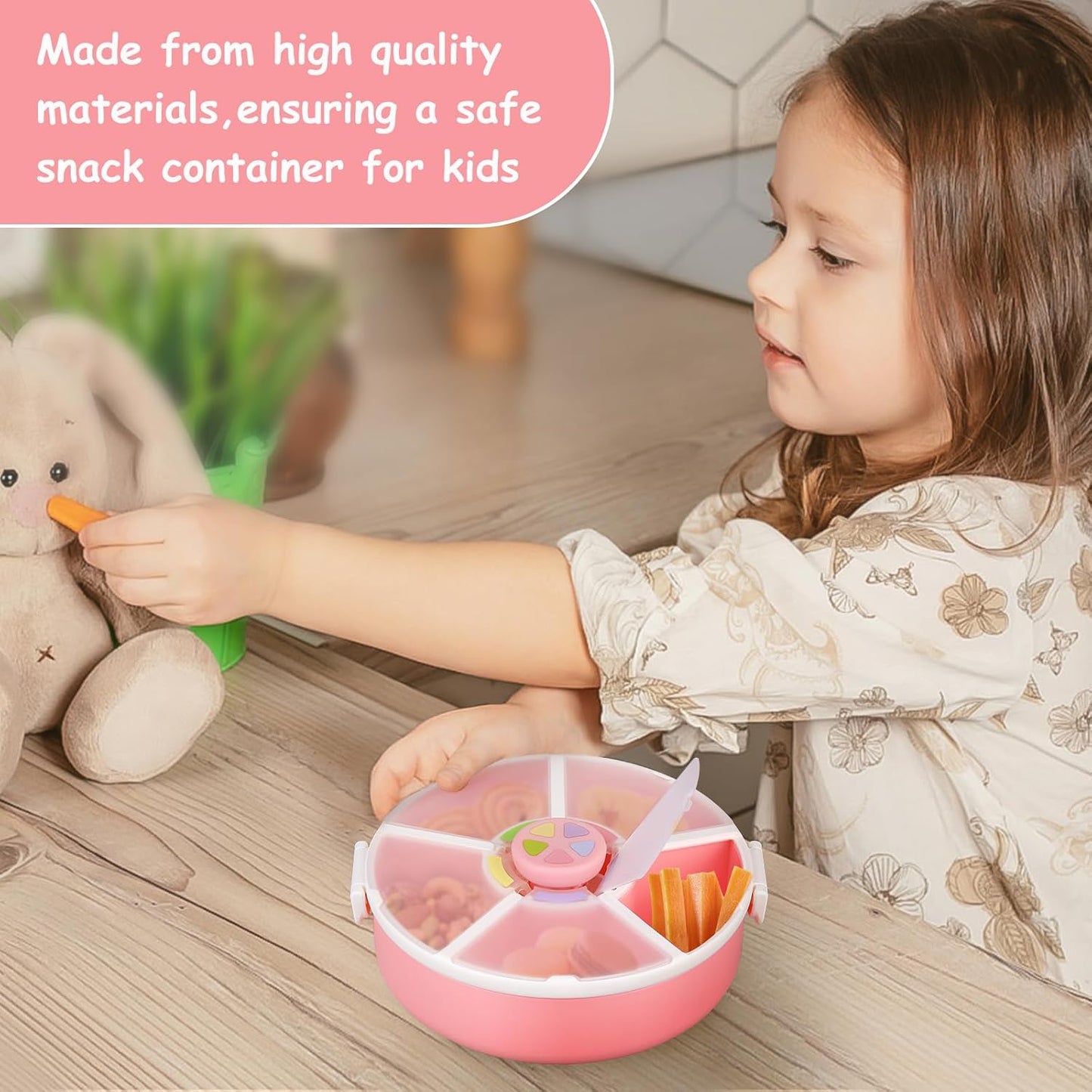 JOOPETALK Kids Reusable Rotating Snack Container with 5 Separate Compartments, Color Matching Opening Lid, BPA/PVC-Free, Dishwasher Safe, Perfect for Travel, School Lunches & On-the-Go Snacking-Purple