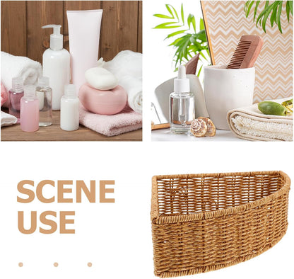 Sturdy Triangle Corner Basket with Imitation Rattan Weaving, 10-inch Fan Shaped Storage Bin for Wardrobe and Home, Easy Access Corner Makeup Organizer for Fruit and Snacks