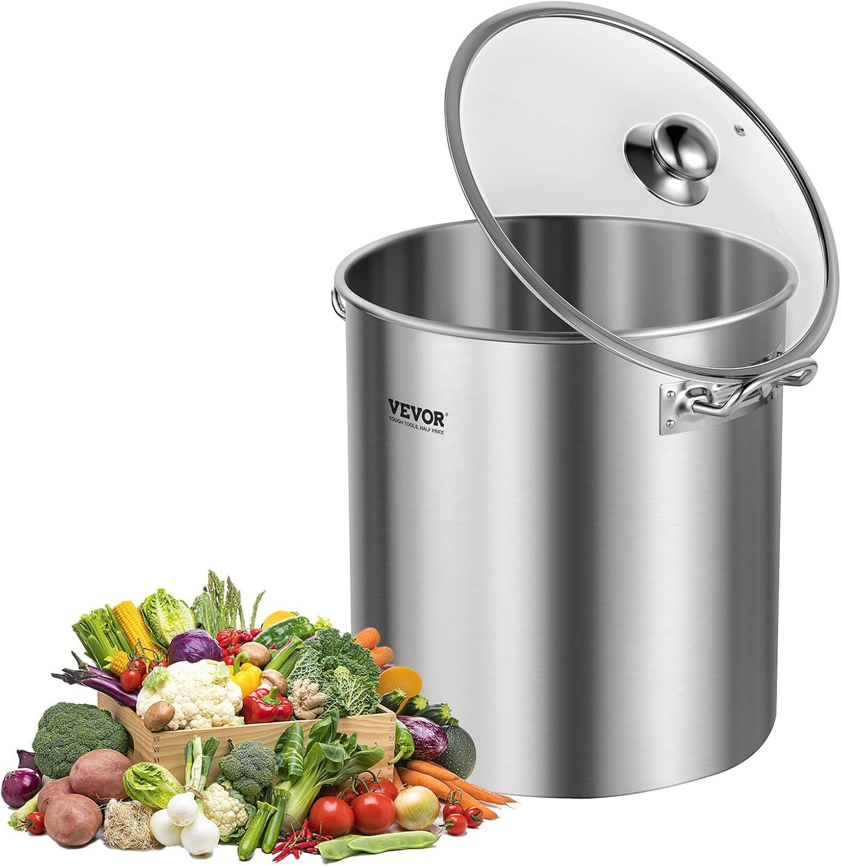 VEVOR Stainless Steel Stockpot, 42 Quart Large Cooking Pots, Cookware Sauce Pot with Strainer, Lid, and Handle, Heavy Duty Commercial Grade Stock Pot, Sanding Treatment, for Large Groups Events Silver