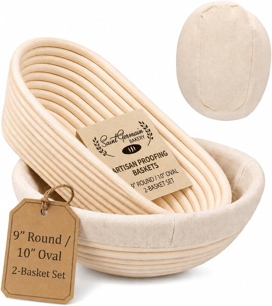 Saint Germain Bakery Premium Sourdough Proofing Basket Set – 9 Inch Round & Oval Banneton Baskets with Linen Liners, Natural Rattan Dough Rising Baskets for Artisan Bread Baking