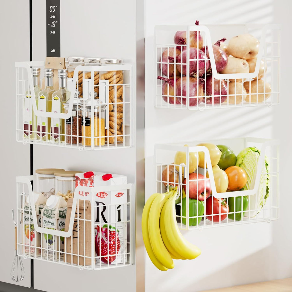 2 Set Magnetic Shelf for Fridge, Potato & Onion Storage Bins, Magnetic Fruit Basket for Refrigerator Pantry Kitchen Counter Laundry Organizer, Fridge Magnetic Spice Rack Magnet Fridge Storage
