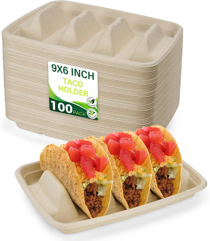 100 Pack Heavy Duty Disposable Fiesta Taco Holders, Taco Plates with 3 Dividers Serving for Party, Taco Stand for Taco Tuesday, Perfect for Taco Bar Supplies
