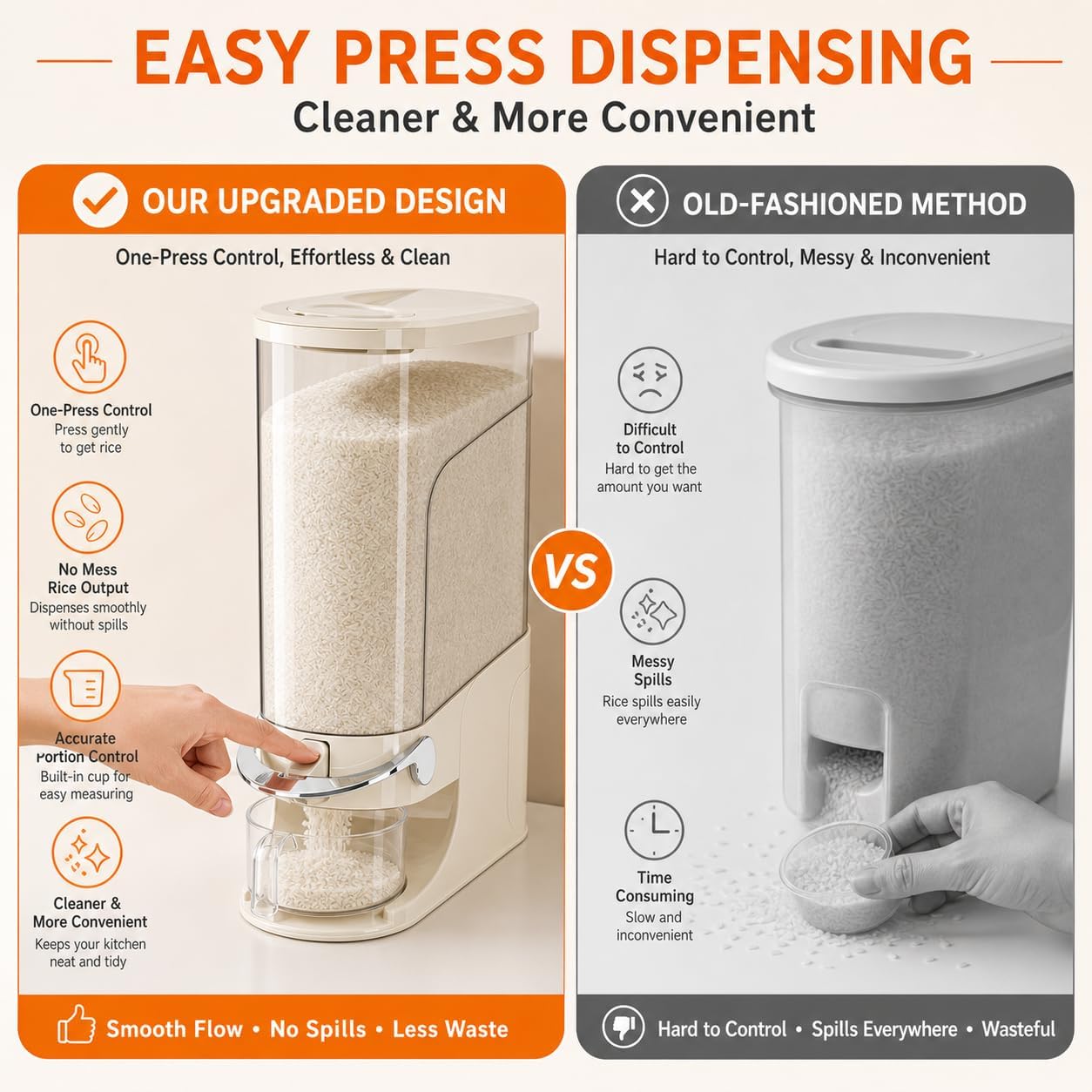 Rice Dispenser 11 Lb, Slim Rice Storage Container with Double Sealing Strip, Press to Dispense Cereal Container Airtight for Kitchen Pantry Organization, (Ivory White-11lb)
