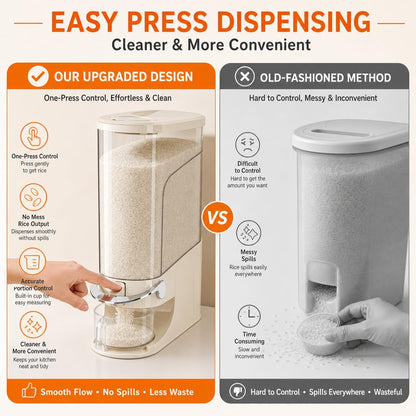 Rice Dispenser 11 Lb, Slim Rice Storage Container with Double Sealing Strip, Press to Dispense Cereal Container Airtight for Kitchen Pantry Organization, (Ivory White-11lb)