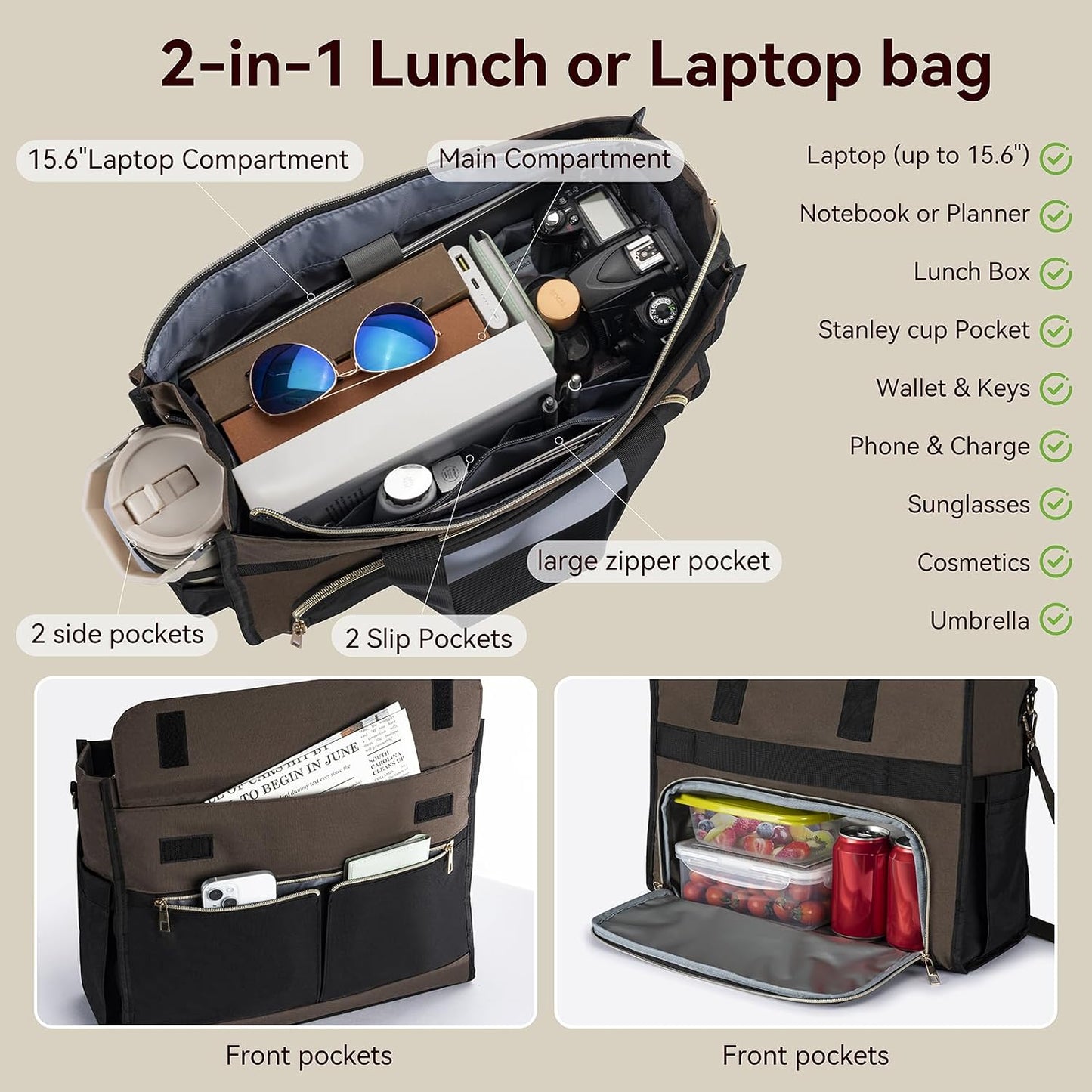 PASMAN Insulated Lunch Bag for Women, 15.6" Laptop Tote with Leakproof Cooler Compartment for Nurse Teacher Work Office and Outdoor