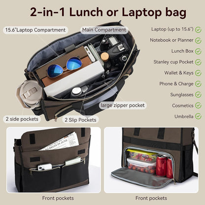 PASMAN Insulated Lunch Bag for Women, 15.6" Laptop Tote with Leakproof Cooler Compartment for Nurse Teacher Work Office and Outdoor