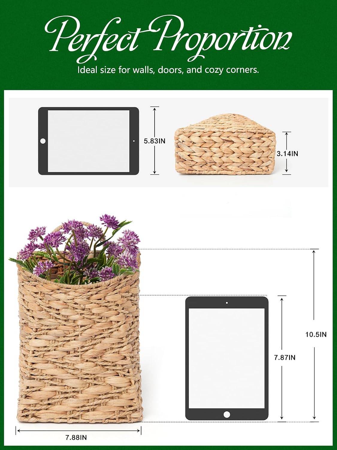 VerdantVibes Woven Wall Hanging Basket – 3-Tier Natural Water-Hyacinth Organizer for Boho Farmhouse Decor, Kitchen & Home Storage (37.4" x 11.2", Folds Flat)