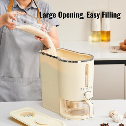 UFORU Rice Dispenser, Rice Storage Container with Measuring Cup for Kitchen Pantry Household, Dry Food Storage Containers Airtight, Sealed Moisture Proof (White 13Lbs)