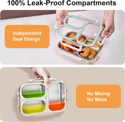 25oz 18/8 Stainless Steel Lunch Box Kit (Bento Box + Fork/Spoon) - 3 Leakproof Compartments - Metal Snack Box for Kids & Adults - School/Office/Travel - Dishwasher Safe (Beige)